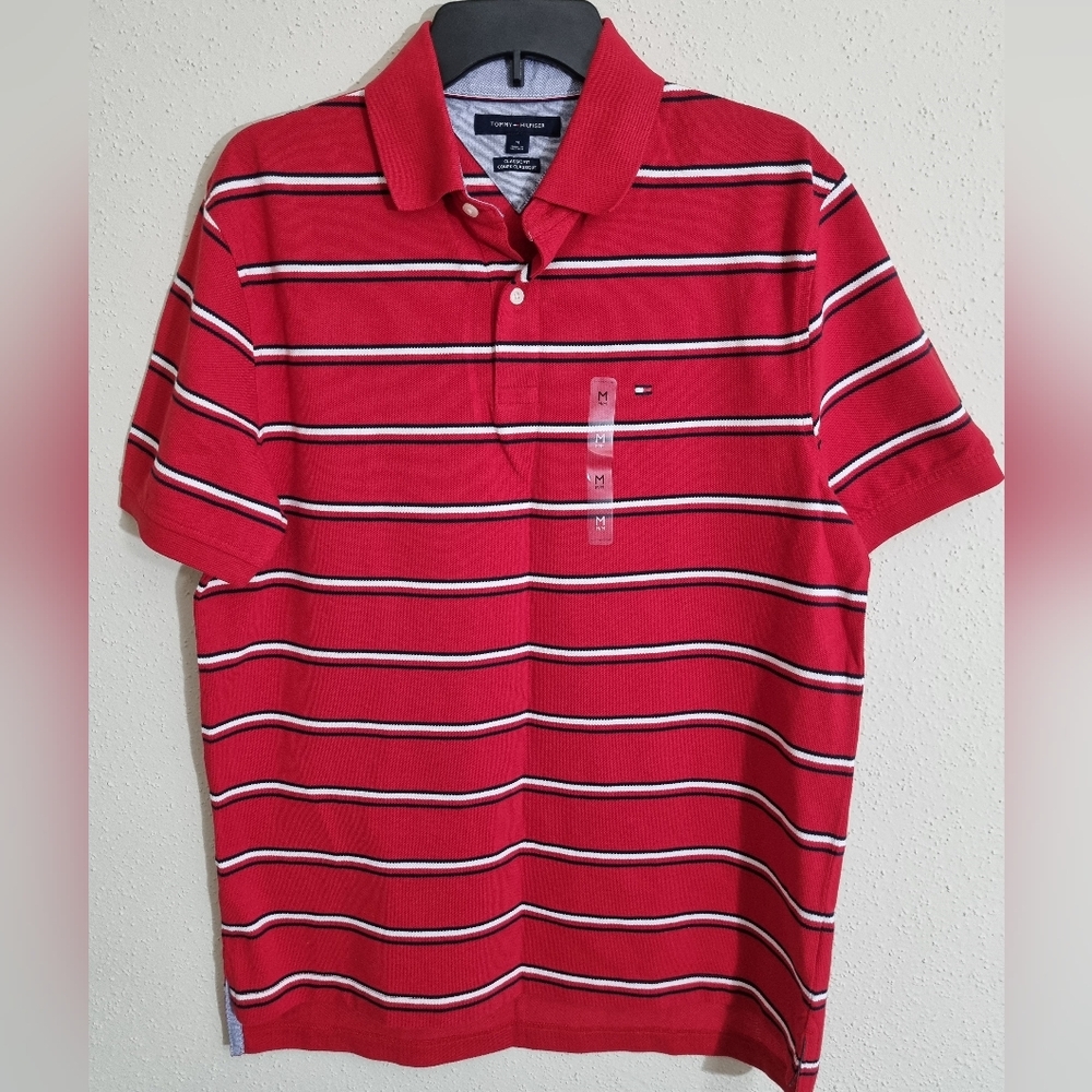 Tommy Hilfiger Men's, short sleeve polo shirt red, white and black stripe Size M